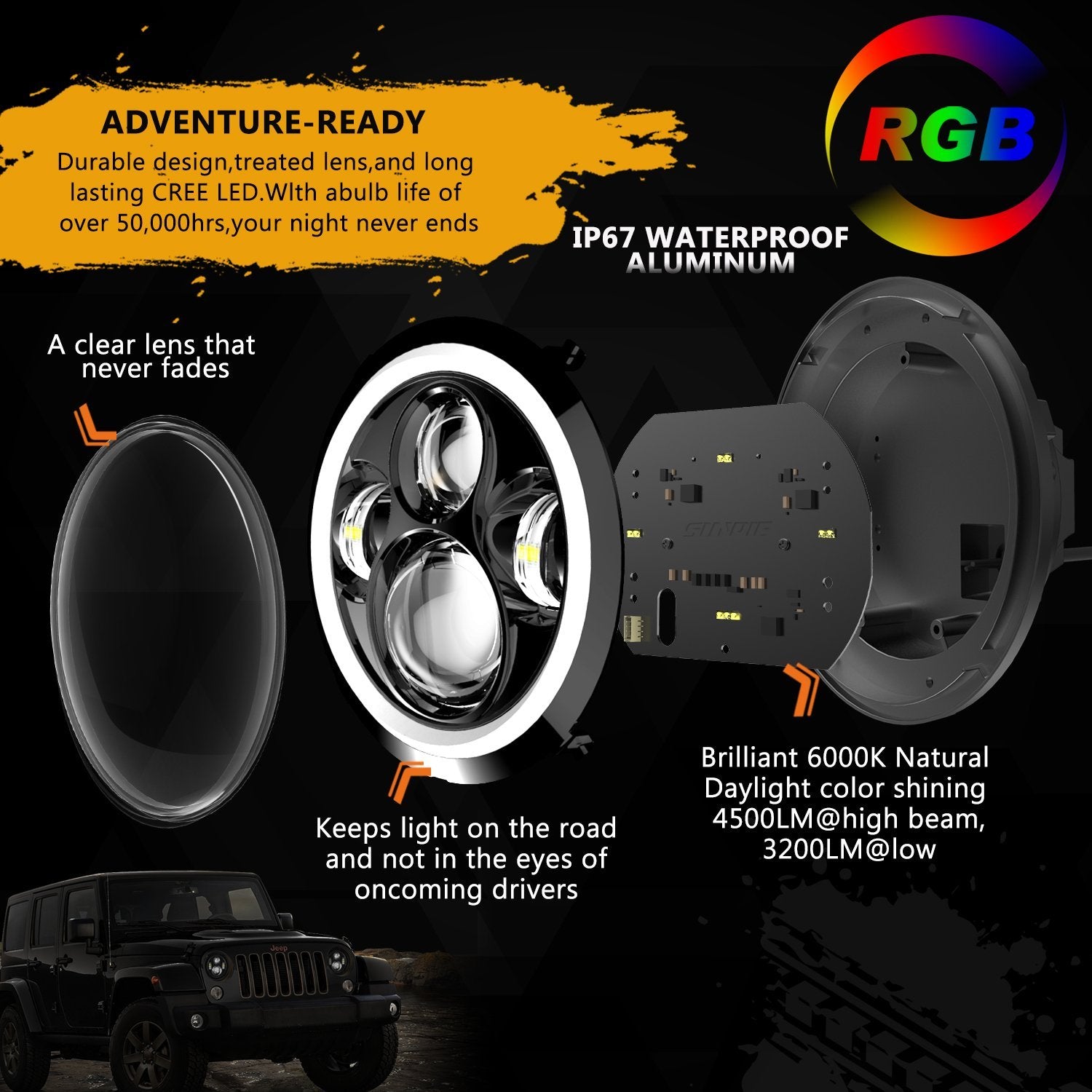Sunpie RGB halo 7" LED headlight + 4" Cree fog light Combo for Jeep Wrangler - Sunpie