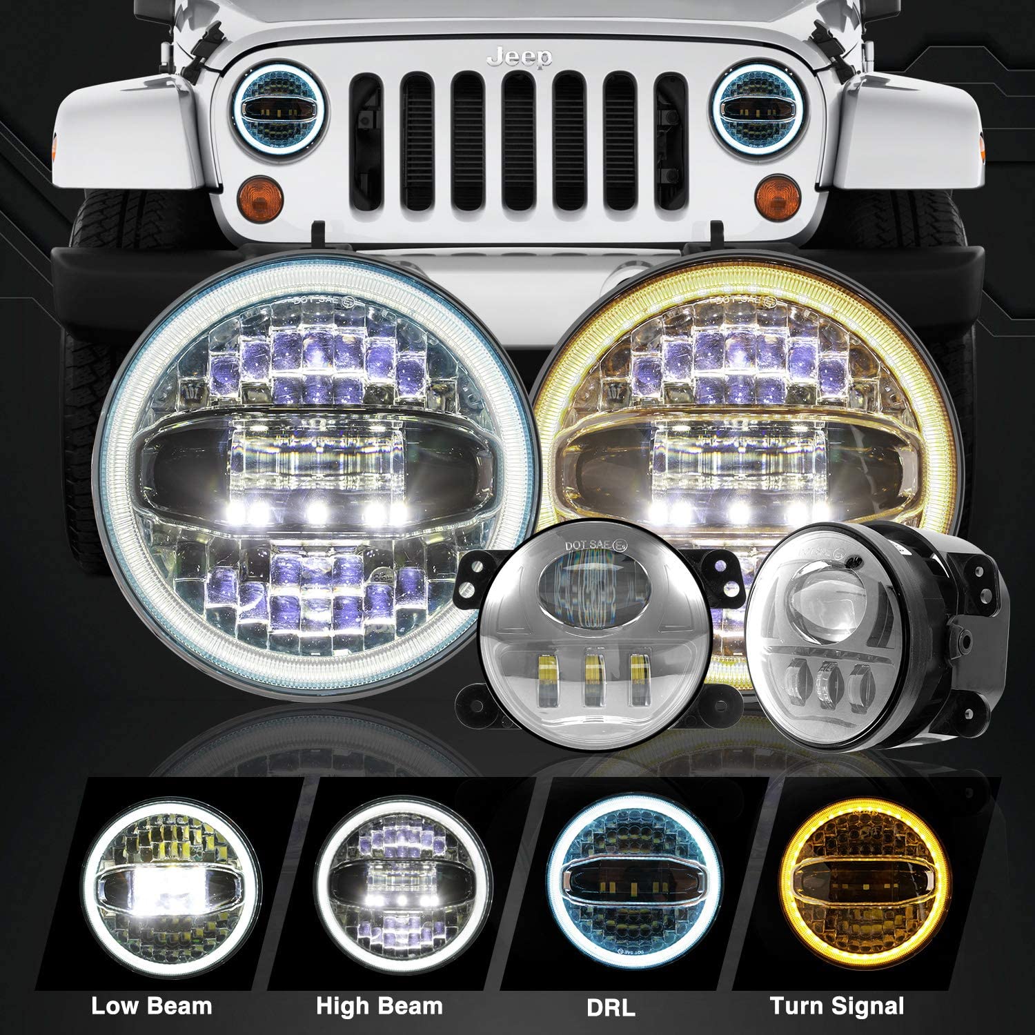 7 Round CREE LED Headlights with Halo White DRL & Amber Turn Signal