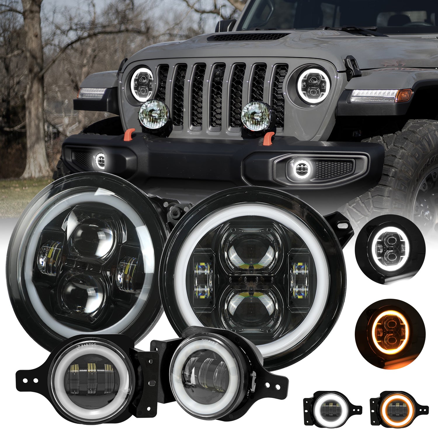 9" Halo LED Headlights & 4" Fog Lights Kit for 2018-2026 Jeep Wrangler JL JT 4xe (White DRL/Amber Turn)