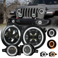 9" LED Headlights + 4" LED Fog Lights with DRL & Amber Turn Signals for Jeep Wrangler JL/JLU and Jeep JT Gladiator
