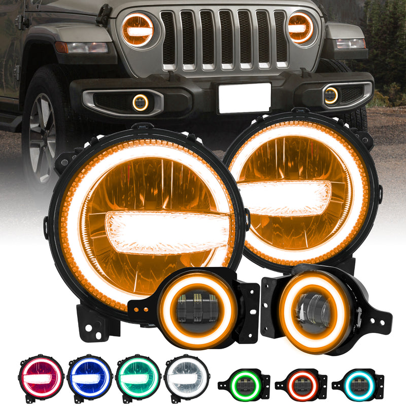 9"RGBW LED Headlights +4"RGBW LED Fog Lights for Jeep Wrangler 4xe JL JLU Jeep Gladiator JT