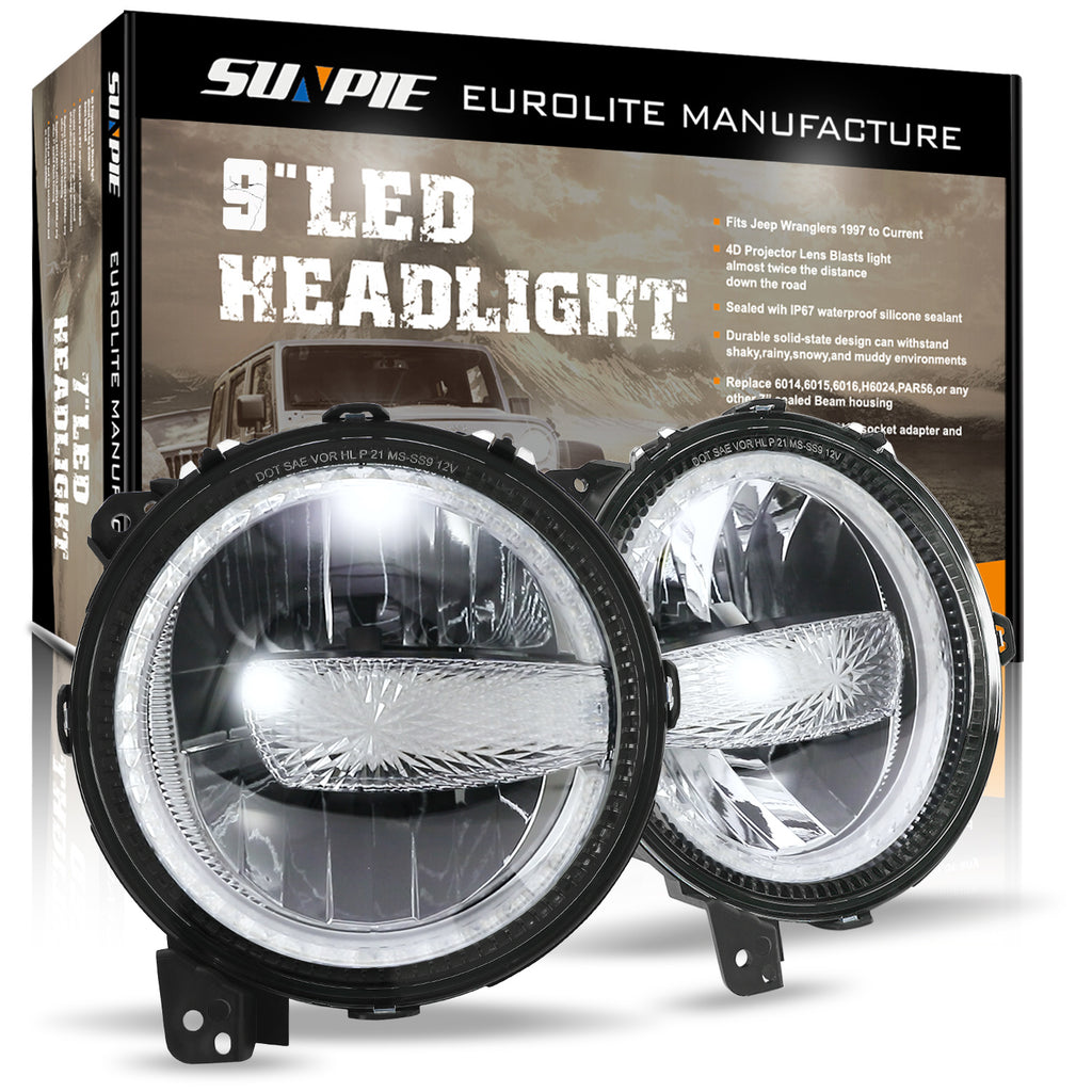 9" DOT LED Headlights with White Halo DRL & 4" LED Fog Lights Combo Kit for 2018-2026 Jeep Wrangler JL JLU 4xe & Jeep Gladiator (JT)
