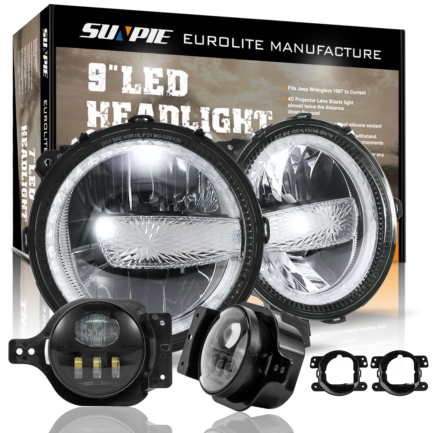 9 inch DOT White Halo DRL LED Headlights & 4 inch LED Fog Lights Combo