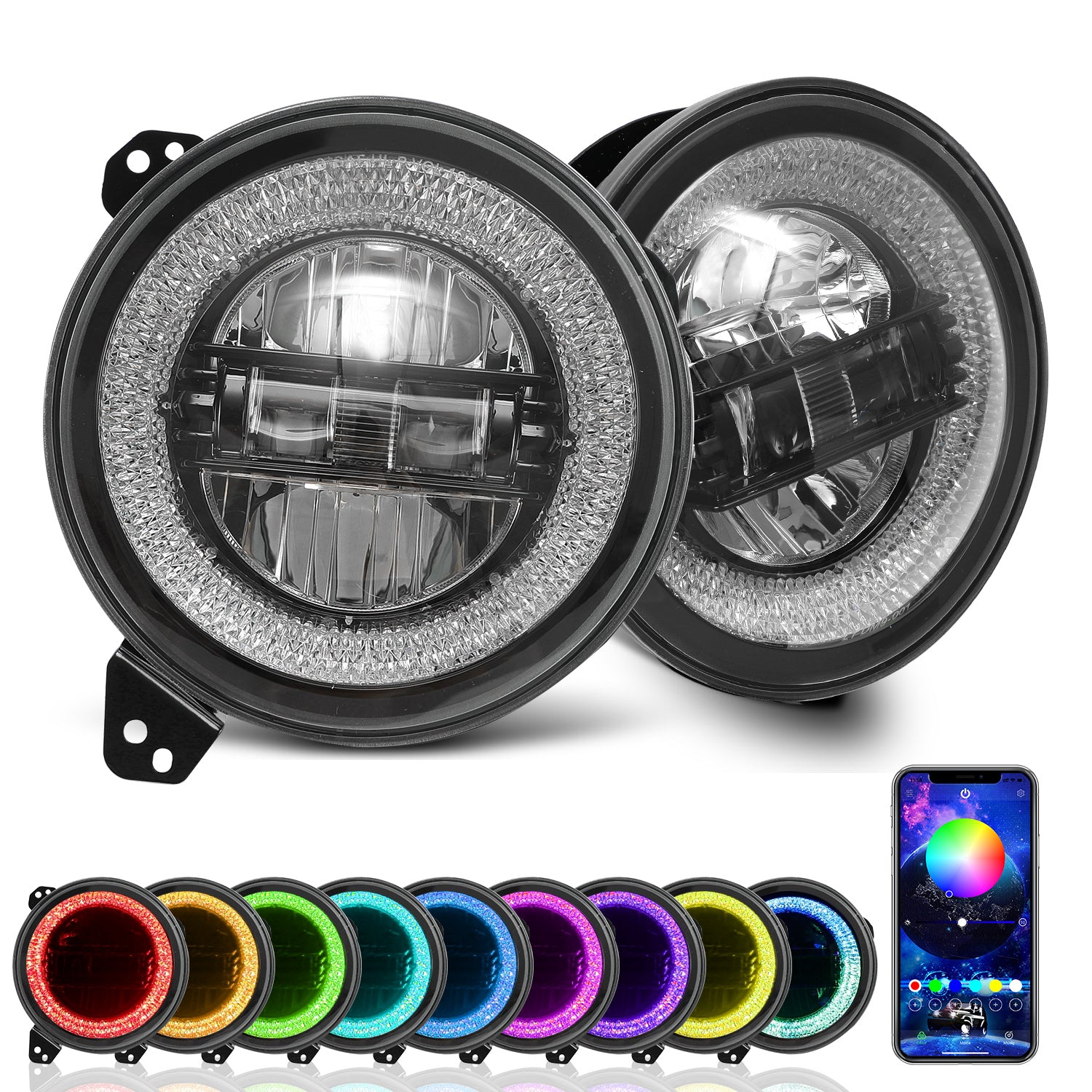 9 inch Diamond Series RGB Halo LED Headlight for 2018-2026 Jeep Wrangler 4xe JL/JLU (2 Doors/4 Doors) & Jeep Gladiator JT (2Pcs/Set)