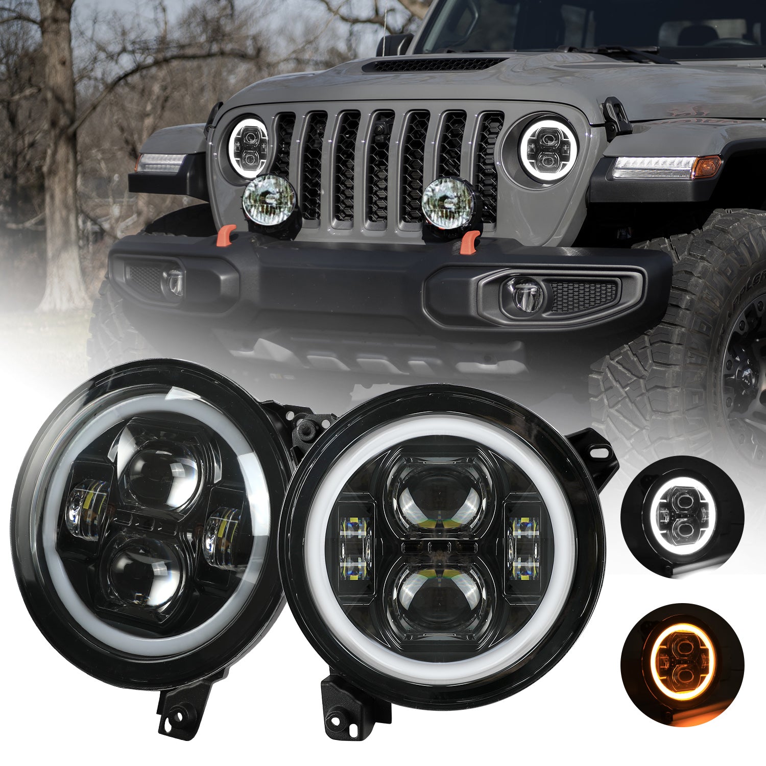9 inch LED Headlights Built-in White DRL & Amber Turn Signal for 2018-2026 Jeep Wrangler 4xe JL/JLU Jeep JT Gladiator (2Pcs/Set)