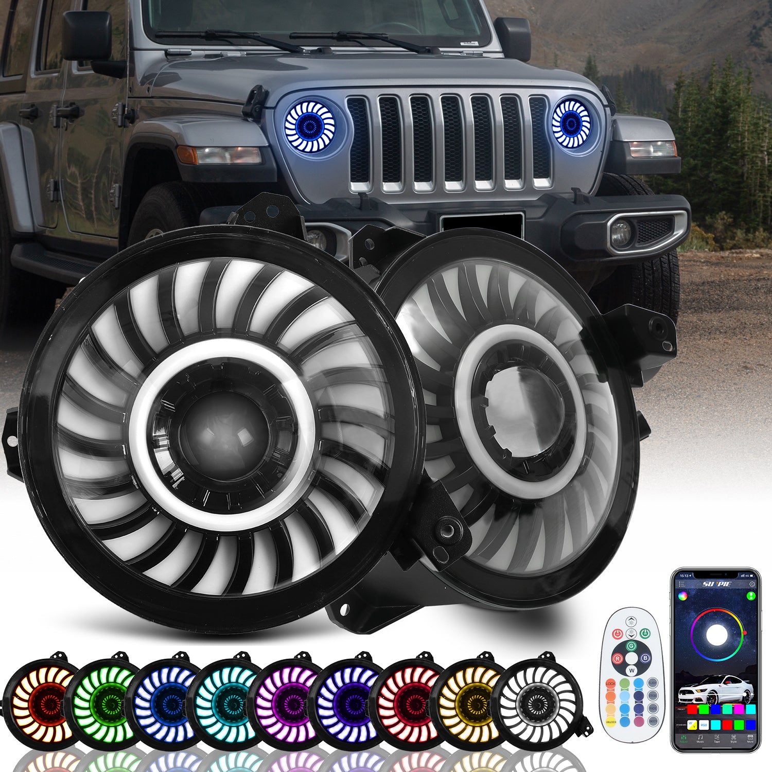 9 inch RGBW Series 3D LED Lens Halo LED Headlights with Turn Signal for 2018-2026 Jeep Wrangler JL JLU 4xe & Jeep Gladiator JT (2pcs/set)