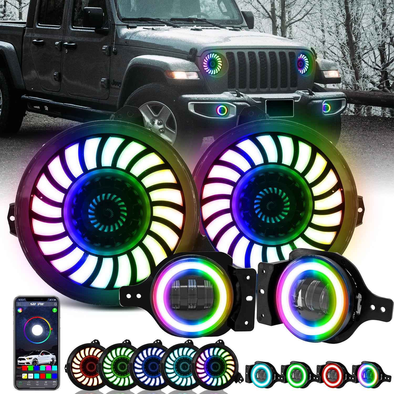 9" Rotating Series 3D LED Lens Halo Headlights + 4" Rotating Series Fog Lights Combo Kit for 2018-2026 Jeep Wrangler JL JLU 4xe & Jeep Gladiator JT