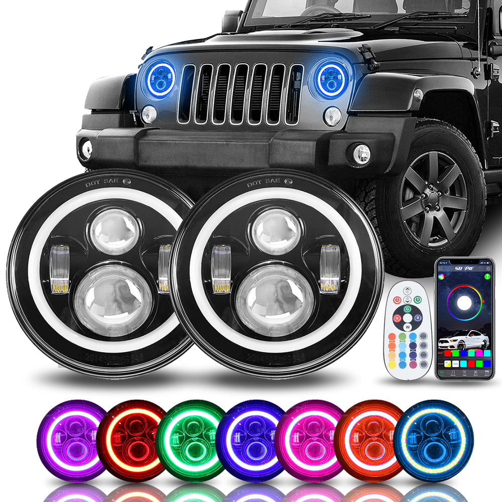 Sunpie RGBW 7" LED Headlights Halo Angel Eye with Bluetooth Remote for Jeep Wrangler 1976-2018 CJ TJ LJ JK(2pcs/set)