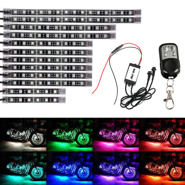 SUNPIE 12Pcs Motorcycle LED Light Kit Strips Multi-Color Accent Glow Neon Ground Effect Atmosphere Lights Lamp with Wireless Remote Controller for Harley Honda Kawasaki Suzuki