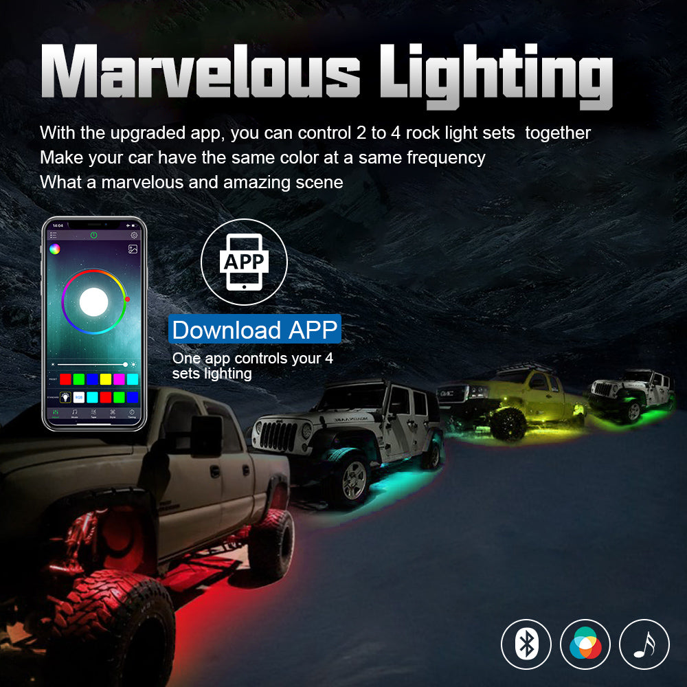 12PCS RGBW Rectangle Series LED Rock Lights Bluetooth & Remote Controller
