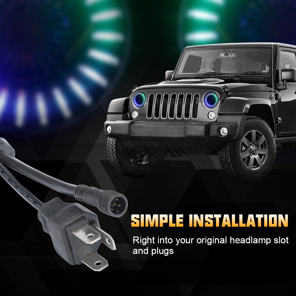 7" 3D RGBW Halo LED Headlights & 4" Fog Lights Combo Kit for 2007-2018 Jeep Wrangler JK JKU (Chrome/Black)