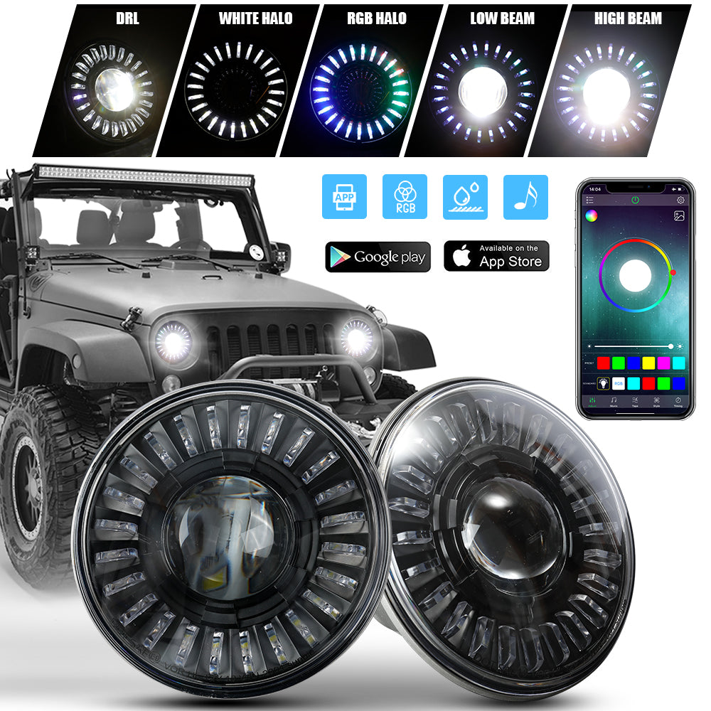 7" 3D RGBW Halo LED Headlights & 4" Fog Lights Combo Kit for 2007-2018 Jeep Wrangler JK JKU (Chrome/Black)