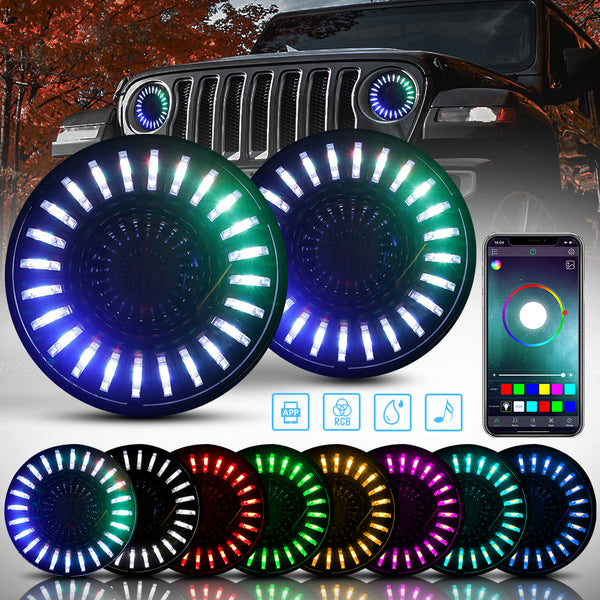 7" 3D RGB-W Halo Headlights for 1997-2023 Jeep Wrangler TJ LJ JK JKU JL JLU JT (Chrome/Black) (2pcs/set)