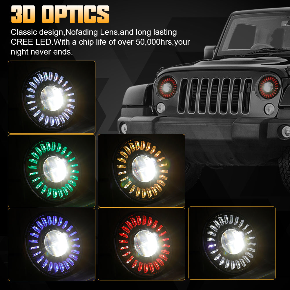 7" 3D RGBW Halo LED Headlights & 4" Fog Lights Combo Kit for 2007-2018 Jeep Wrangler JK JKU (Chrome/Black)