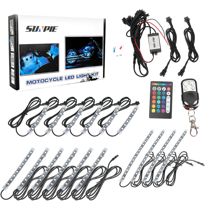 SUNPIE 16/18Pcs Motorcycle LED Light Kit Strips Multi-Color Accent Glow Neon Ground Effect Atmosphere Lights Lamp with Wireless Remote Controller for Harley Honda Kawasaki Suzuki