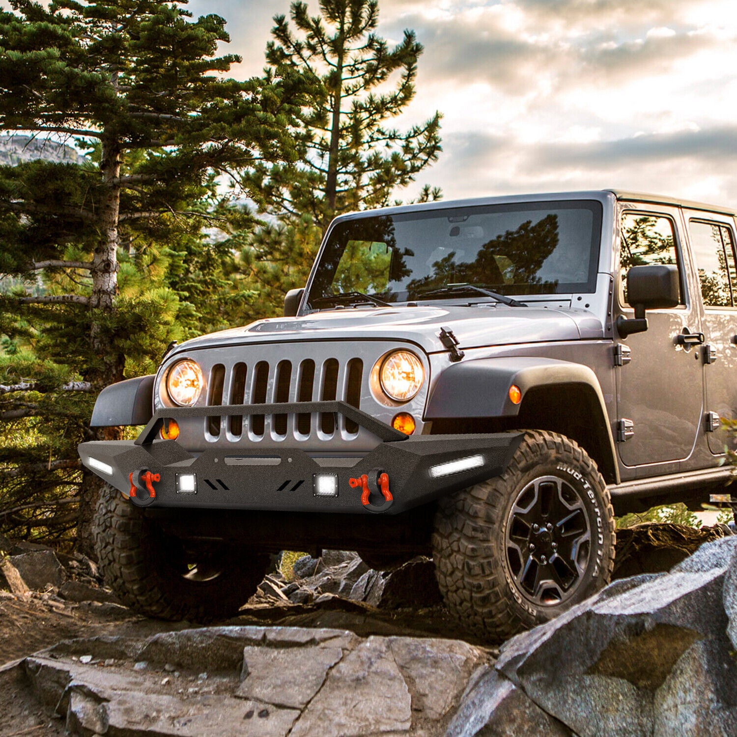 Jeep Front Bumper with Winch Plate, LED Lights & D-Rings for 2007–2026 Wrangler JK/JL/4XE & JT
