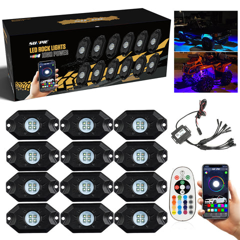 Sunpie 12Pod RGBW Hexagonal Series LED Rock Lights Kits Bluetooth & Remote Dual Control ( Extra Switch Wire Included)