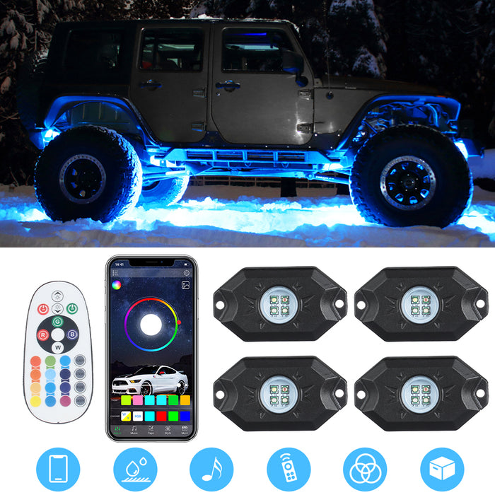 Sunpie RGB-W 4 pod Mini LED Rock Lights Kits Bluetooth & Remote Dual Control