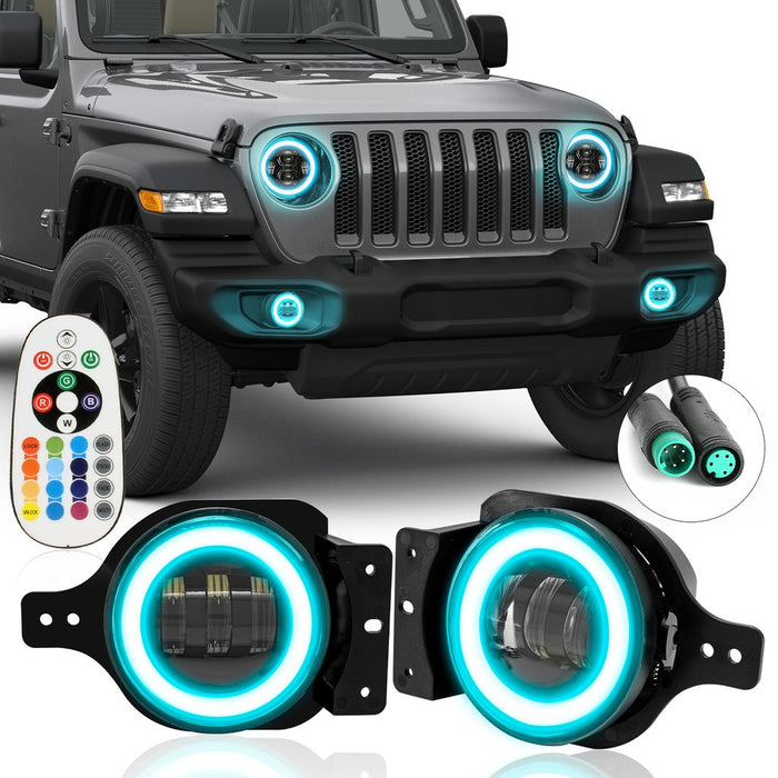 9" RGBW 3D LED Lens Halo Headlights + 4" RGBW Fog Lights Combo Kits for 2018-2025 Jeep Wrangler JL JLU & Jeep Gladiator JT