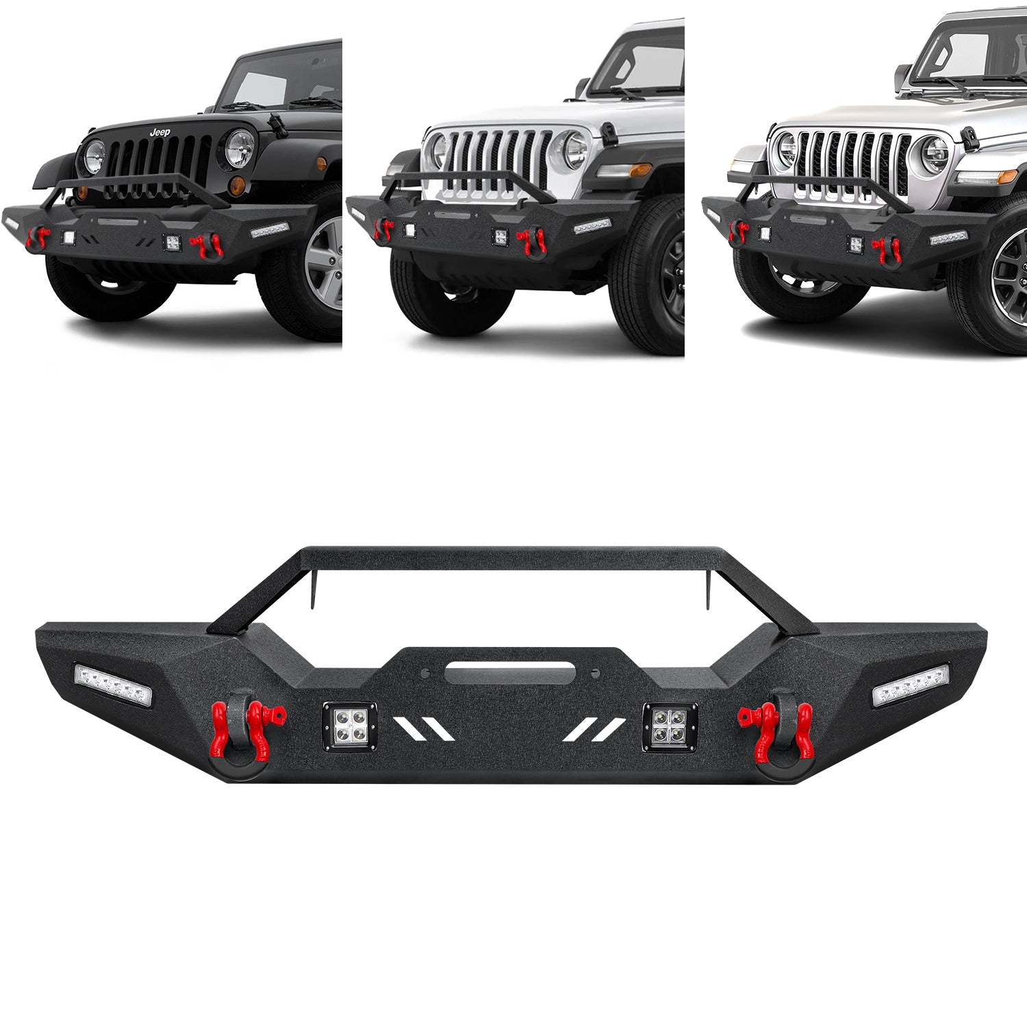 Jeep Front Bumper with Winch Plate, LED Lights & D-Rings for 2007–2026 Wrangler JK/JL/4XE & JT